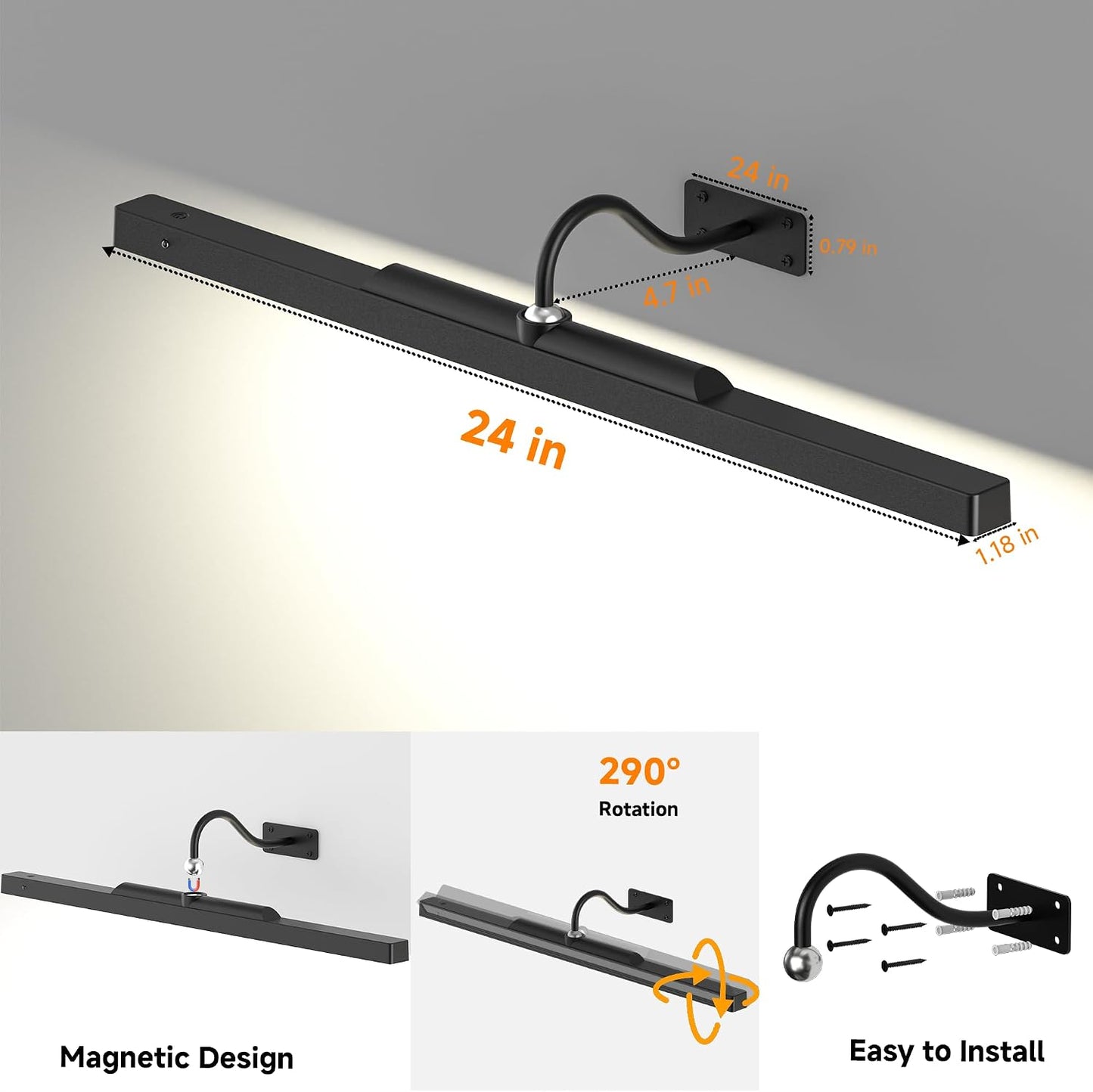 Gallery Picture Light Black,6000mAh Wireless Artwork Lighting,Rechargeable Battery Powered Remote Dimmable LED for