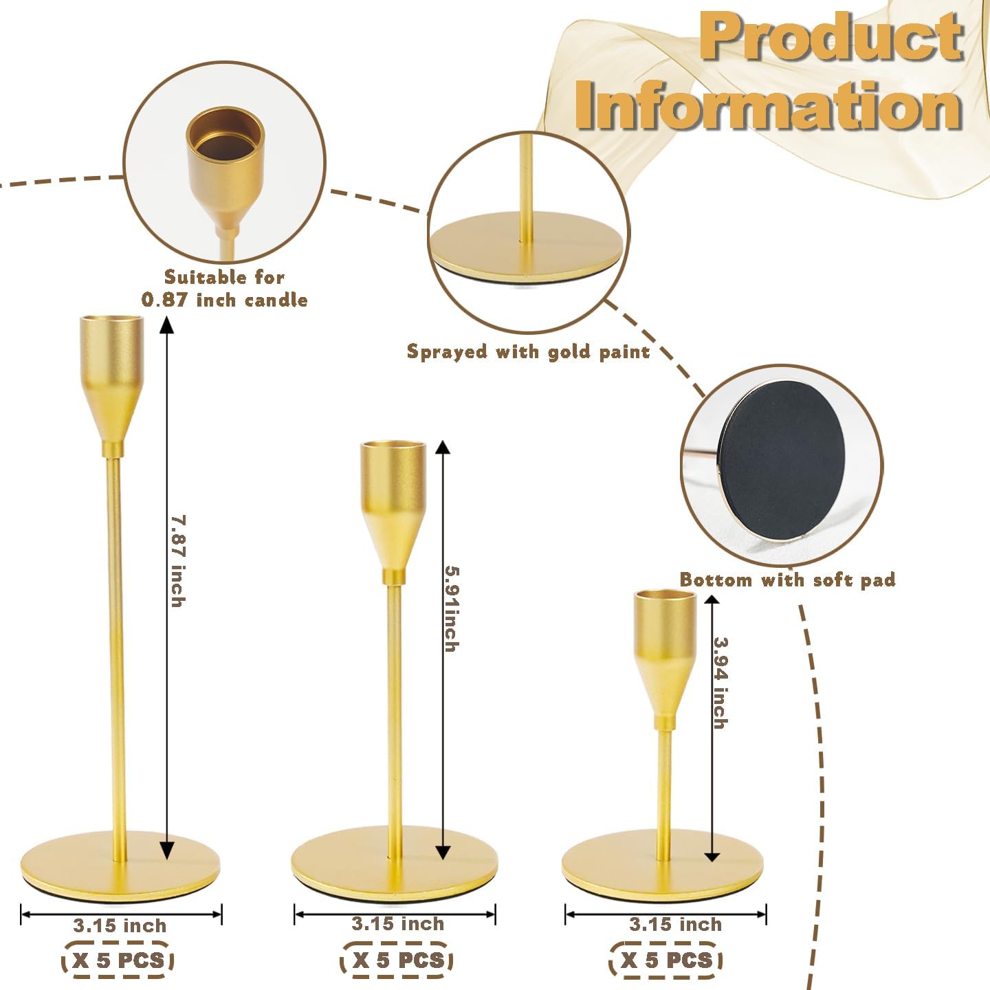 Matte Gold Candle Holders Bulk Painted Gold Metal Candlesticks Fit 0.8 Inch Taper Candles Decorative Metal Candelabra