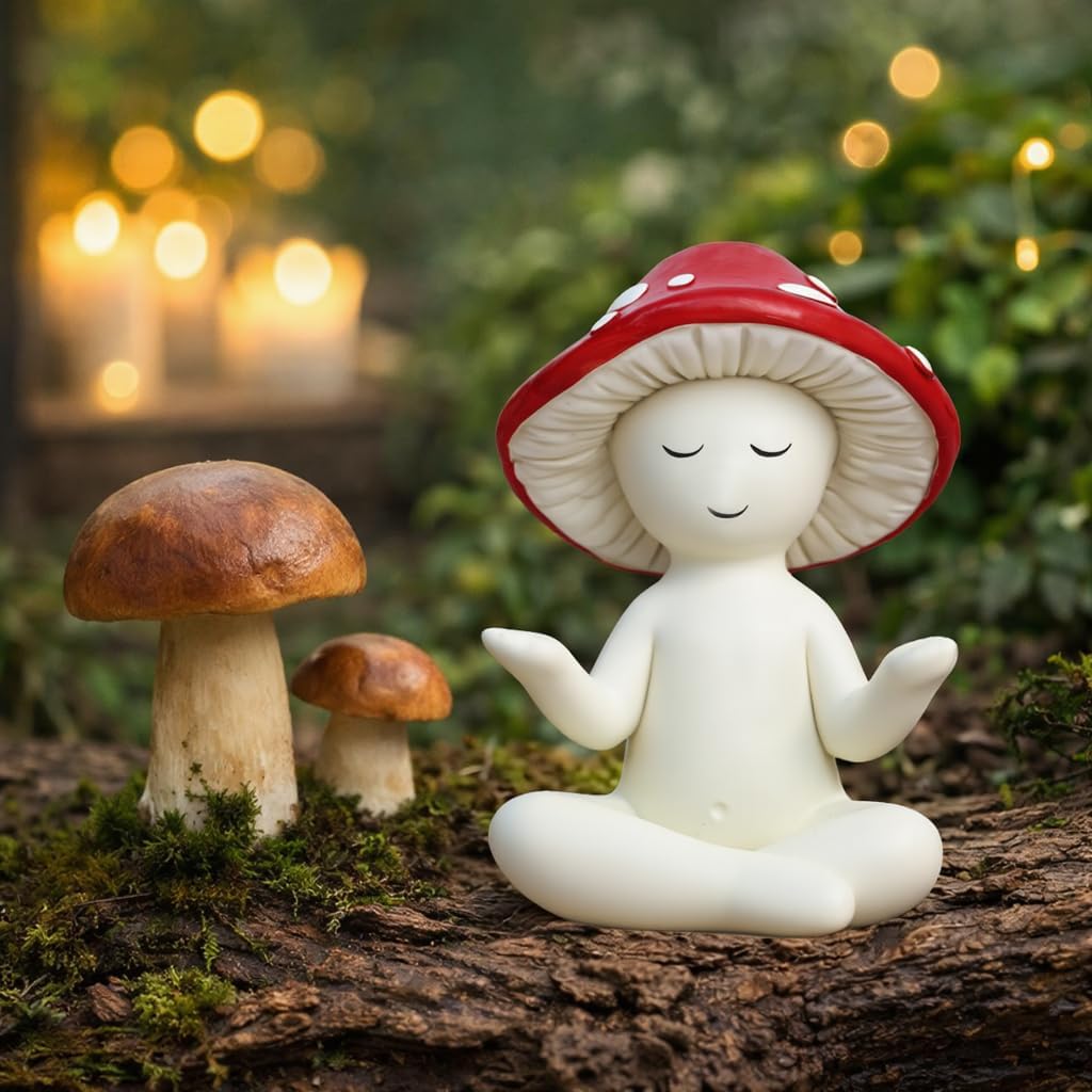 Meditation Mushroom Statue Yoga Mushroom Figurine Tabletop Decor / Red