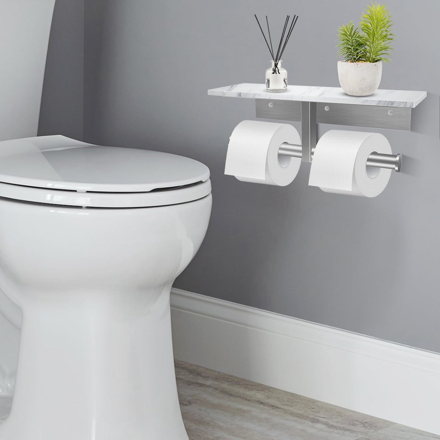 Toilet Paper Holder with Shelf, Double Toilet Paper Holder Wall Mount and 2PCS Free Adhesive Hooks for Bathroom