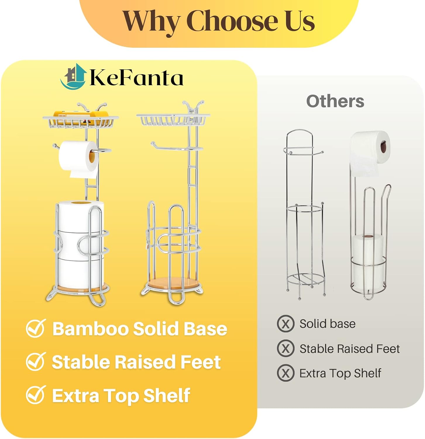 Toilet Paper Holder Stand, Free Standing Tissue Roll Storage Rack with Shelf for Bathroom, Chrome