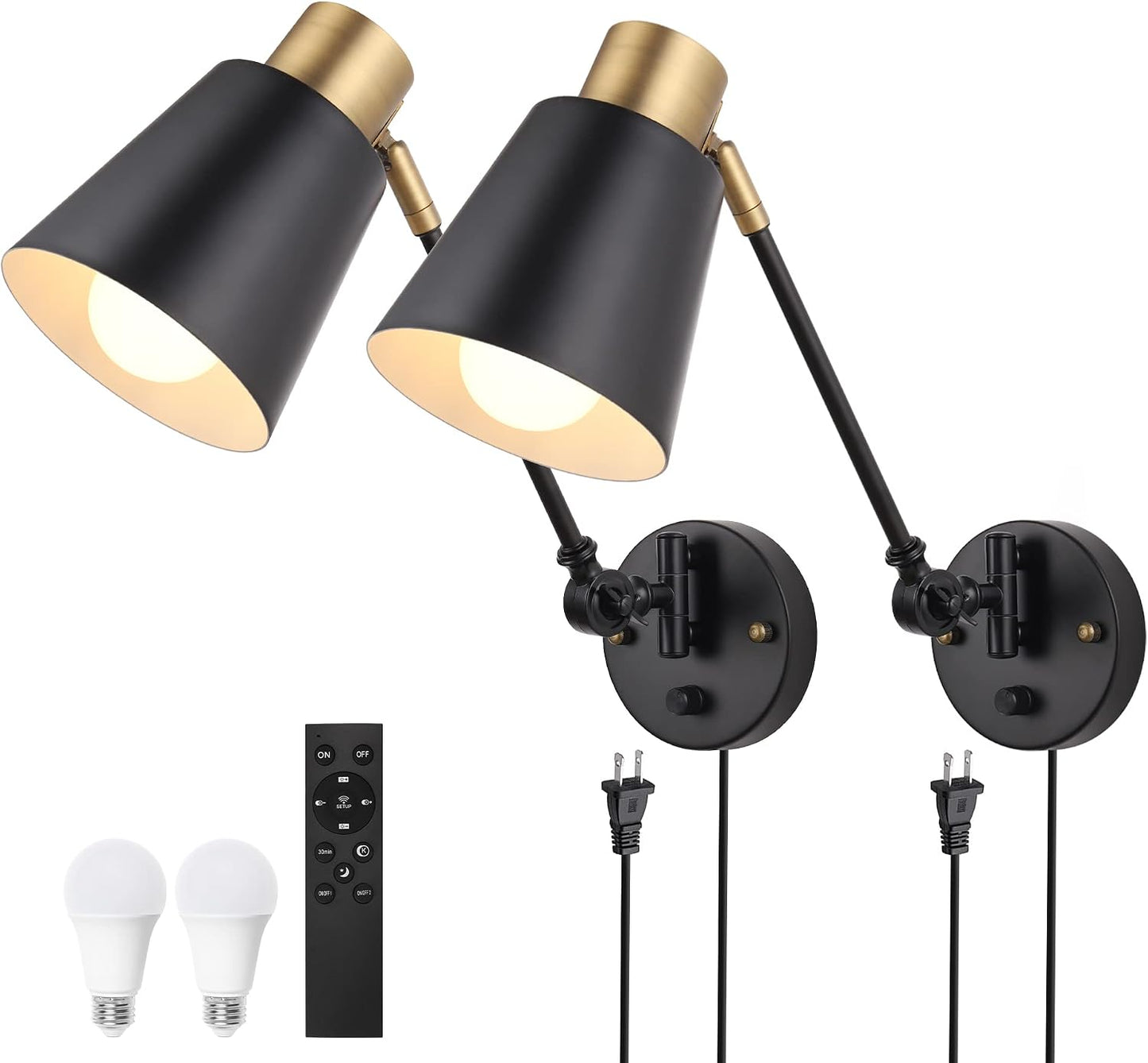 Plug in Wall Sconces with Remote, Adjustable Colors 2700K-6500K & Brightness 10%-100%, Swing Arm Wall Lamp, Wall
