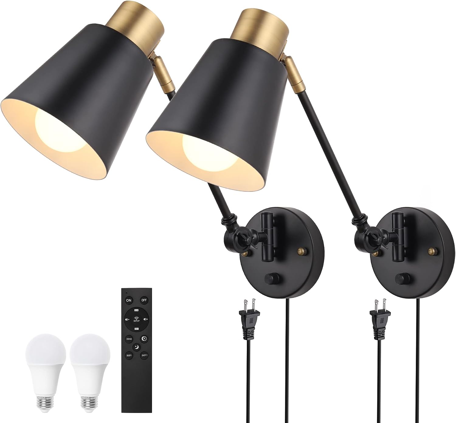 Plug in Wall Sconces with Remote, Adjustable Colors 2700K-6500K & Brightness 10%-100%, Swing Arm Wall Lamp, Wall