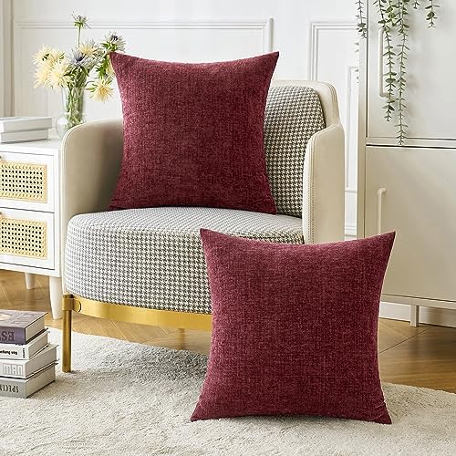 MIULEE Soft Chenille Throw Pillow Covers Burgundy 18x18 Inch Pack of 2