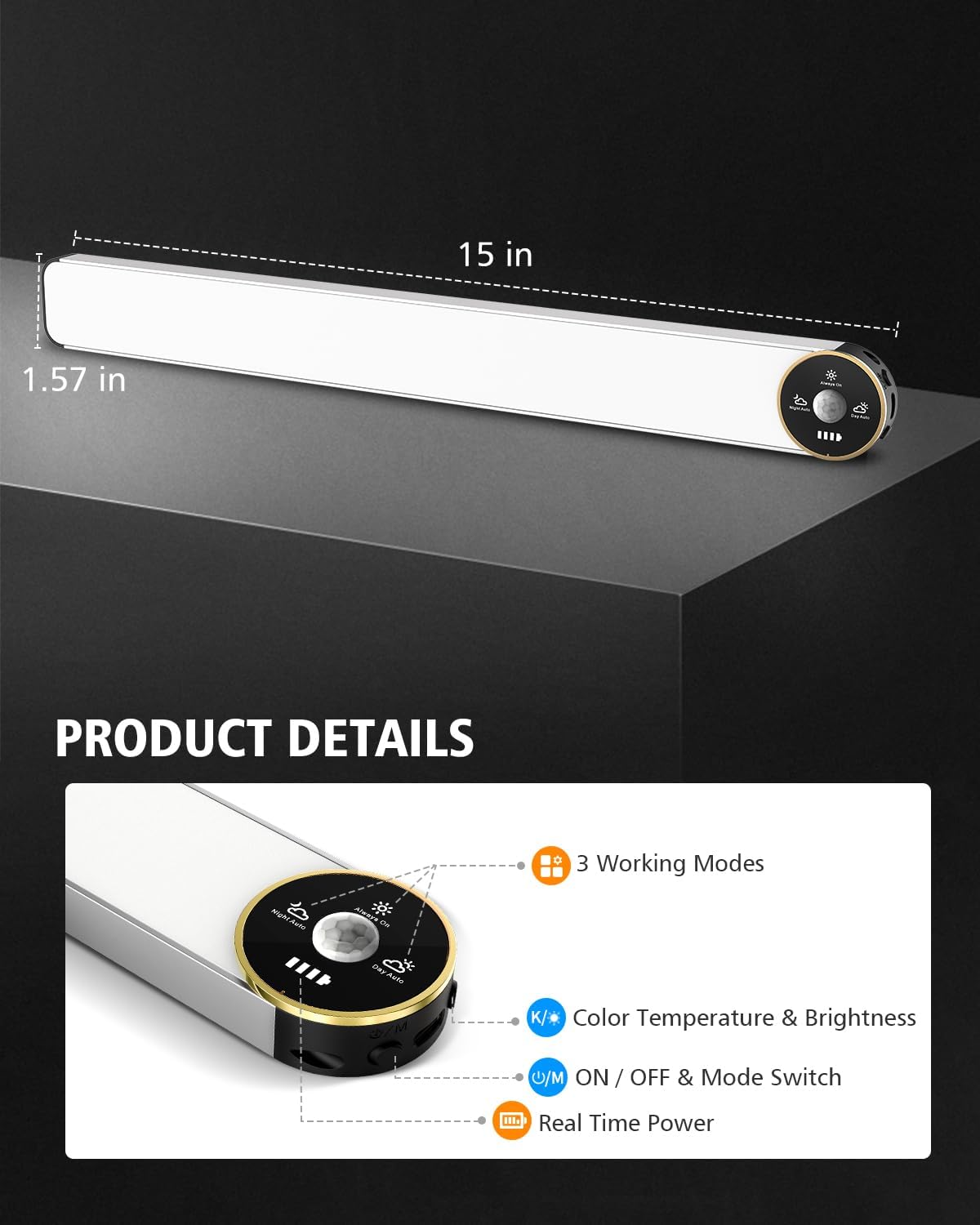 Motion Sensor Under Cabinet Lighting, 3-Color Dimmable, 84 LED 15 Inch Wireless Closet Lighting, Rechargeable 3200mAh