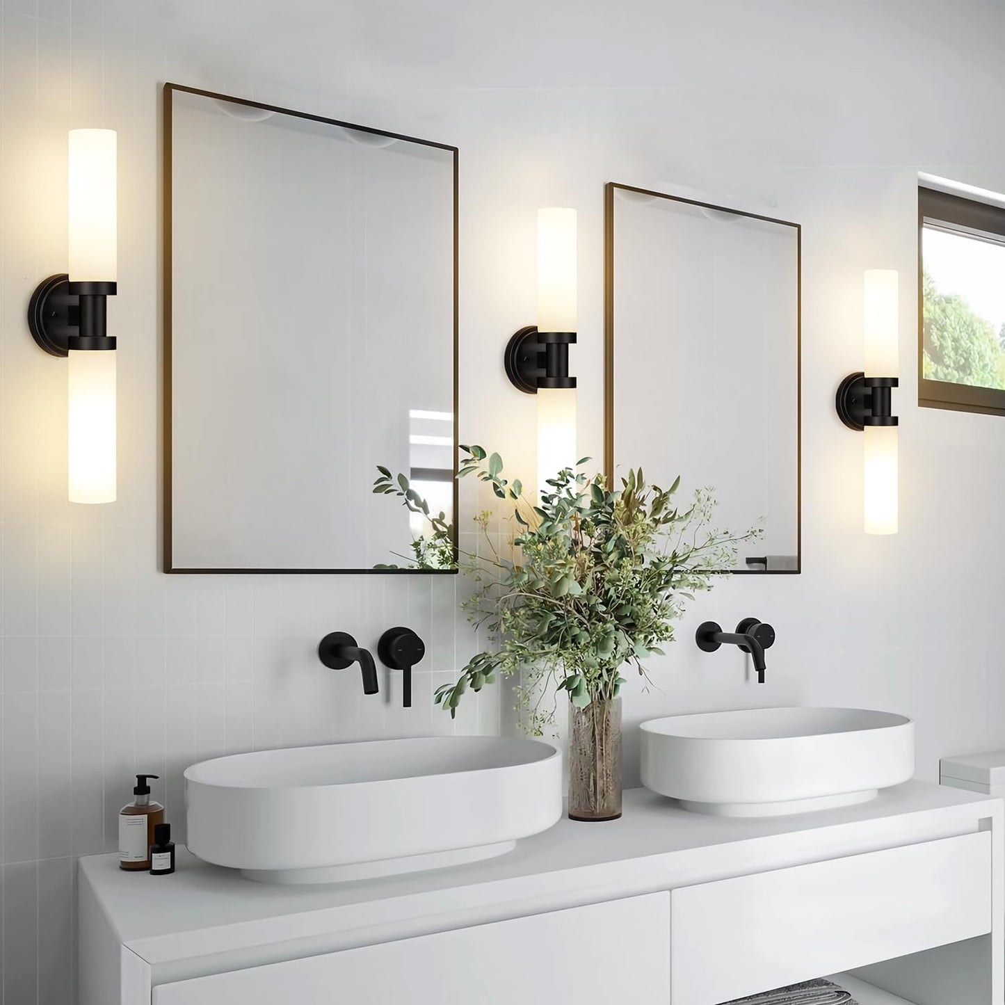 Black Bathroom Light Fixtures, 2-Light Wall Sconces Lighting W/White Glass Shade, Modern Vanity Lights for Mirror, Wall