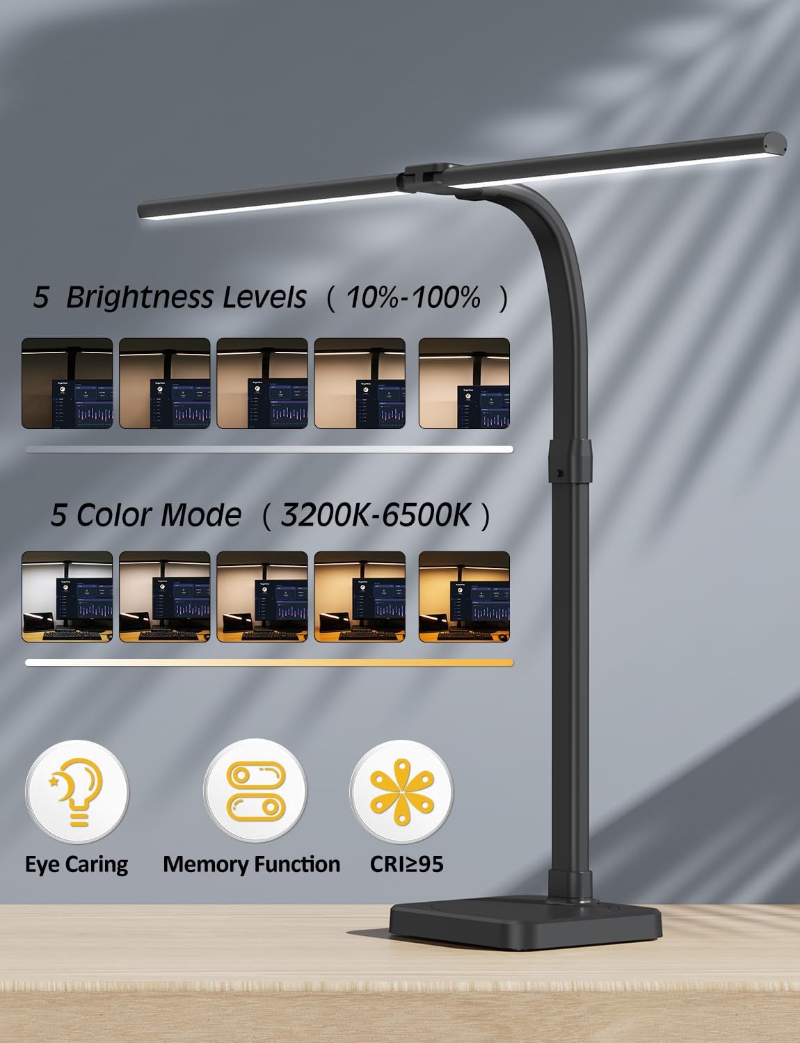 AKRRYR LED Desk Lamp for Home Office, Double Head 24W with Base, Architect Light 5 Lighting Brightness Flexible