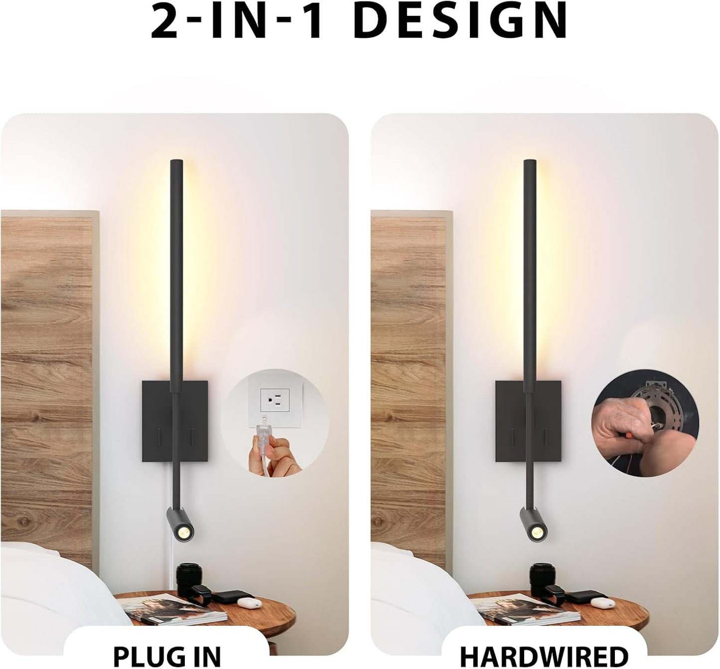 Modern Plug in Wall Sconce Indoor Wall Light Set of two for Bed, Corded Minimalist Bedside Linear Wall Sconce With