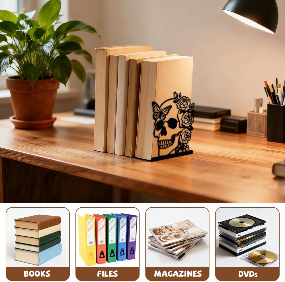 Metal Bookends / Modern Decorative Heavy Duty Study Book Ends Stoppers / Skeleton Rose and Butterfly