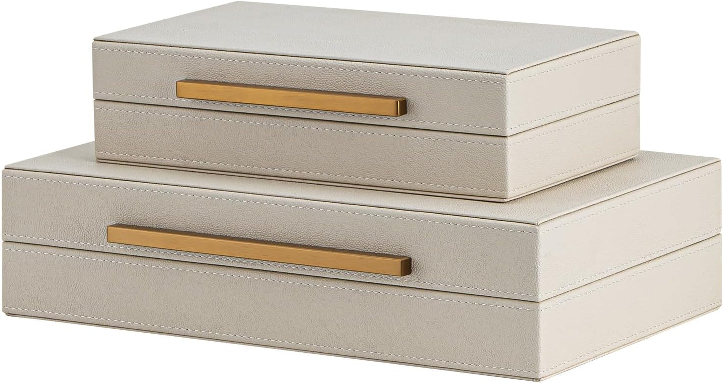 Faux Leather Jewelry & Memory Boxes / Beige+gold Handles / 14.2 In / Set of 2