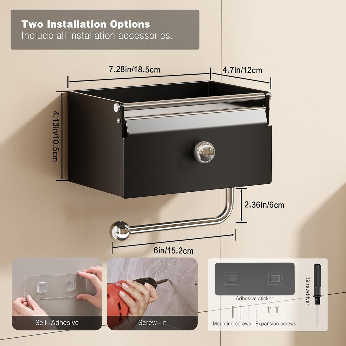 Voldra Toilet Paper Holder with Shelf, Flushable Wipes Dispenser for Bathroom, Adhesive Toilet Paper Roll Holder with