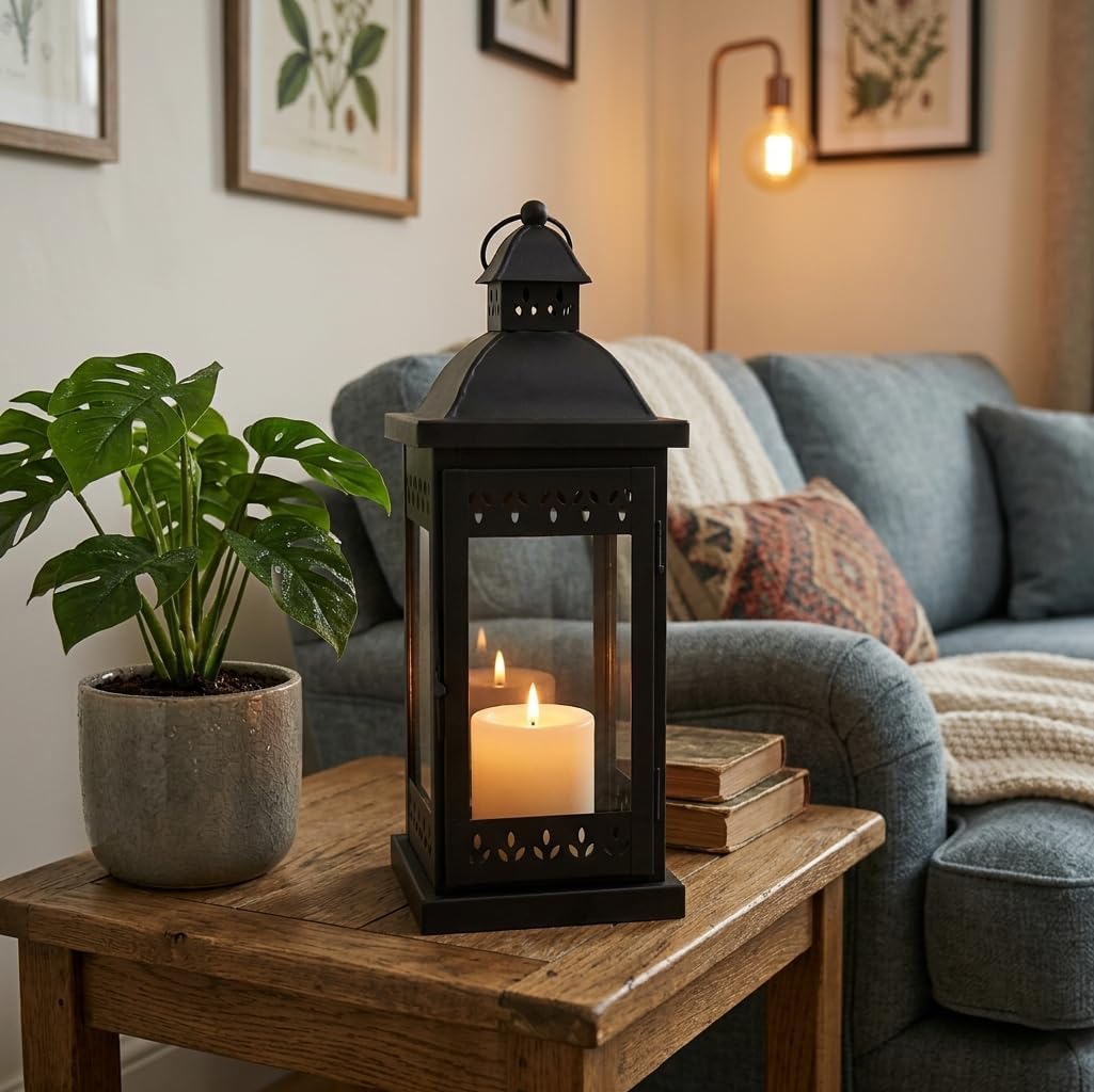 Hosley 15" Clear Glass Iron Lantern - Large Black Classic Style, Decorative Candle Holder for Weddings, Parties