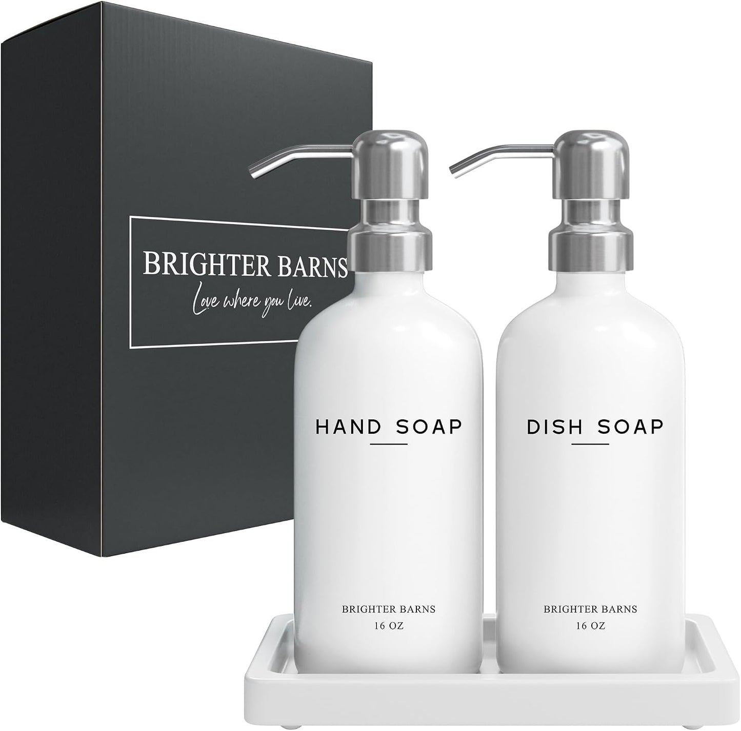 White Glass Hand and Dish Soap Dispenser Set by Brighter Barns - Kitchen Soap Dispenser Set with Tray & Pump for