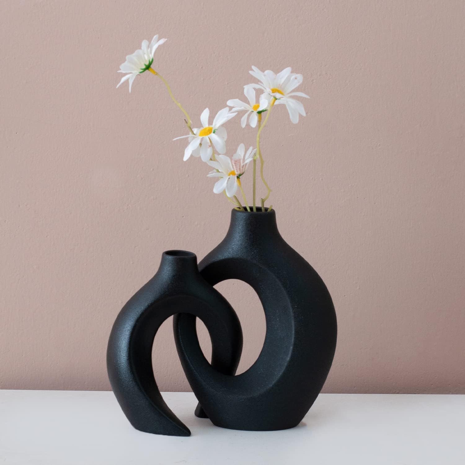 Ceramic Black Small Flower Vase / Large-matte Black / Set of 2