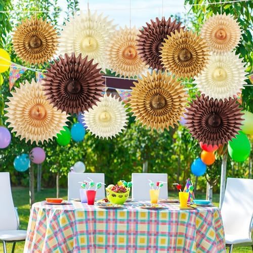 12PCS Paper Fans Brown Neutral Boho Party Decorations Tissue Paper Flowers Decorations for Girl Groovy Birthday Baby Shower Wedding Bachelorette Room Wall Hanging Décor