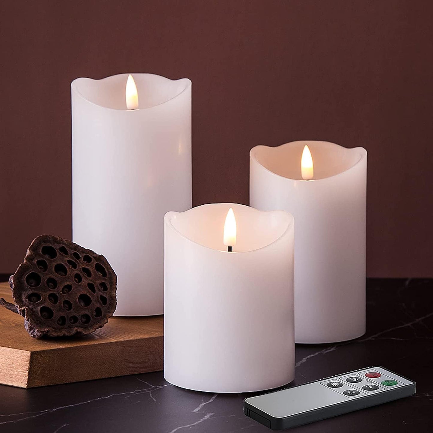 White Flameless Pillar Candles with Remote Set of 3 | Flickering LED Wax Candles, 2 AA Battery Powered, Melted Edge