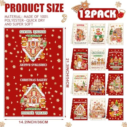 VitalCozy 12 Pcs Christmas Gingerbread Kitchen Towels, Holiday Decor