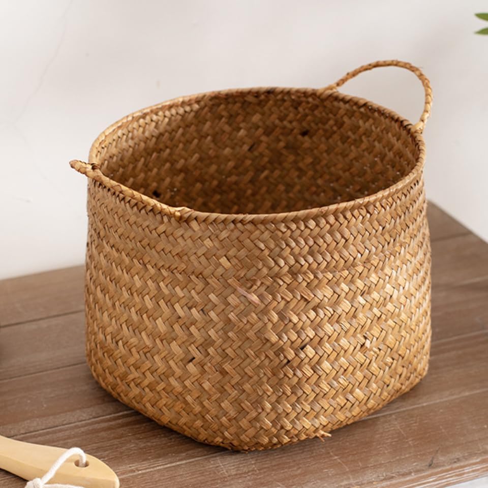 Japanese Style Woven Storage Basket Handles Handcrafted Decorative Organizer for Cosmetics Flower
