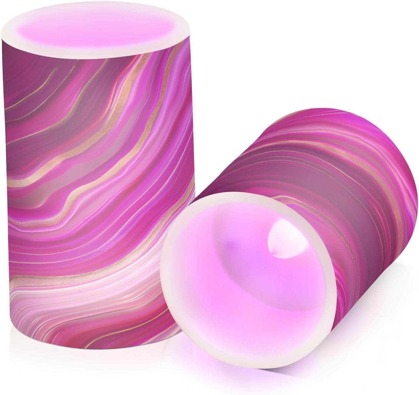 Flickering Flameless Candles, Fuchsia Gold Fluid Marble LED Candles with Remote Timer, Set of 2 Battery Operated Candle