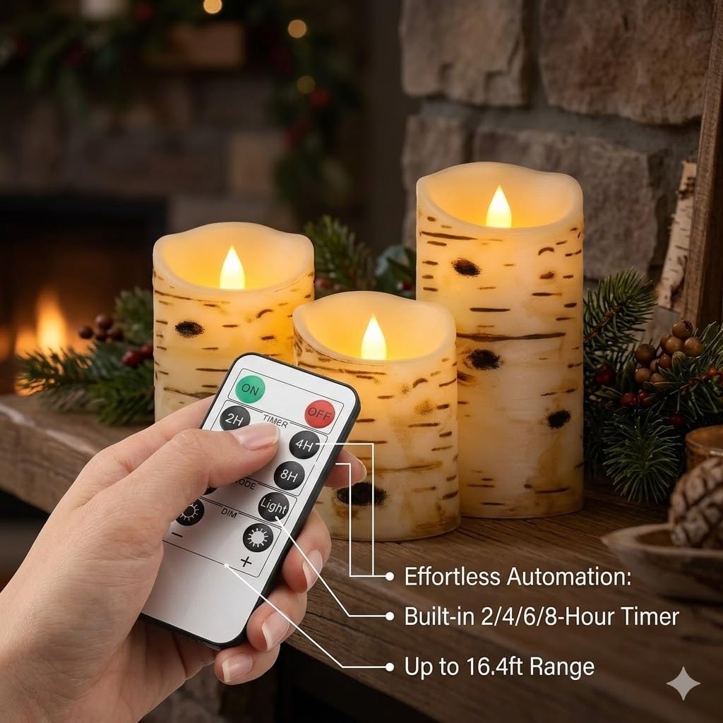 Comenzar Flameless Candles Birch Bark Texture, Flickering Flame Battery Operated LED Candles, Electric Plastic Candles