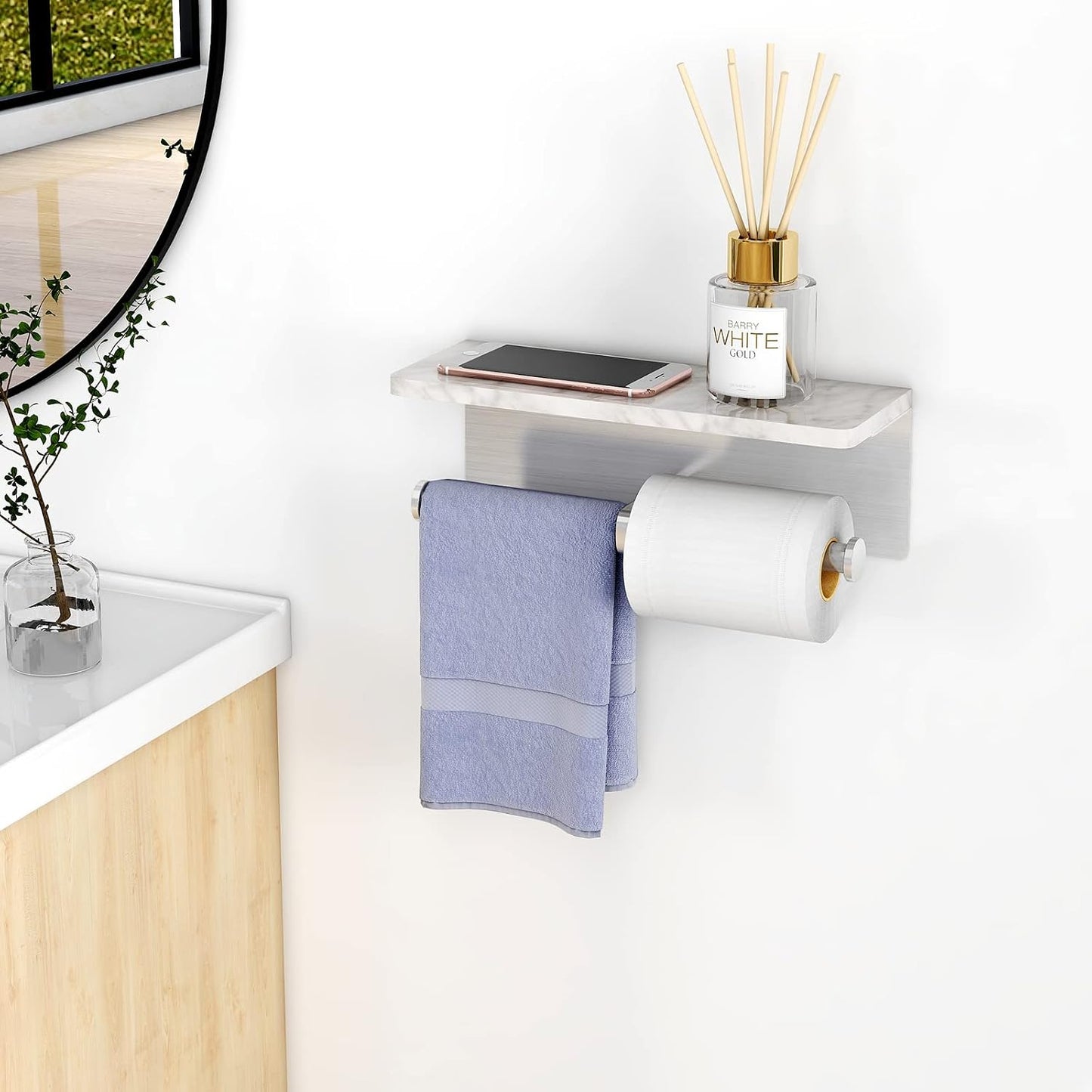 Gypie Toilet Paper Holder with Marble Shelf, Double Brushed Nickel | Stainless Steel Tissue Roll Paper Holder Wall