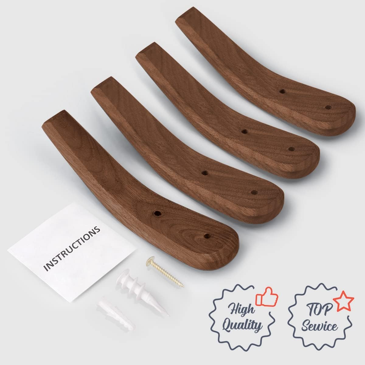 Wood Hooks Wall Mounted Minimalist Natural Real Walnut (4 Pack) | Easy Install, Hanging Towel Hat Coat Bag Cap Clothes