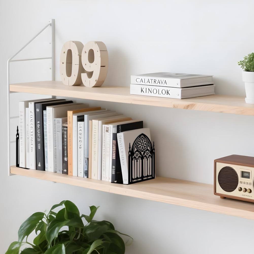 Metal Bookends Heavy Duty Book Shelf Holders Window Decorative Book Ends / Gothic / Black / Set of 2