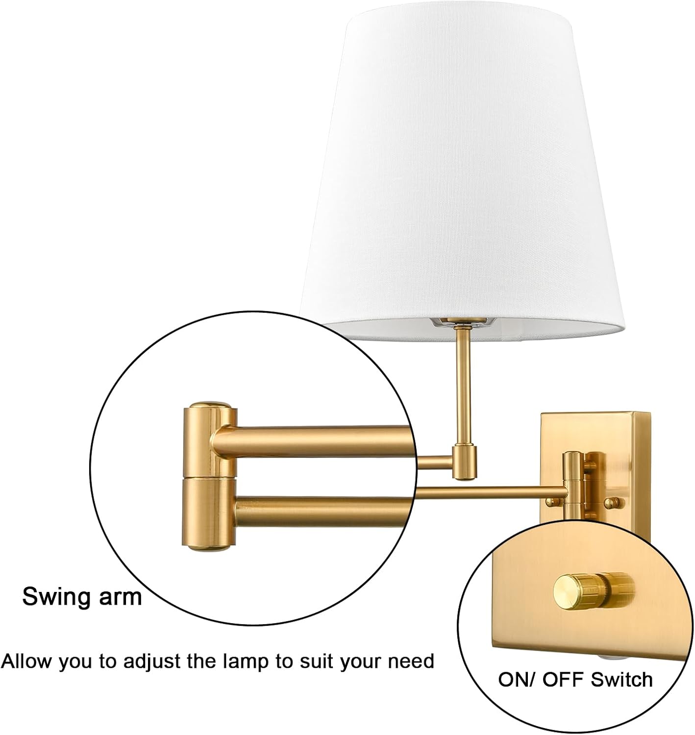HYDELITE Gold Swing Arm Wall Lamp Brass Wall Sconces with Linen Shade | Plug-in or Hardwired Wall Light Fixtures
