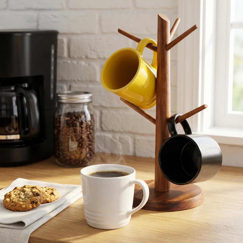 Acacia Wood Coffee Mug Tree Holder Countertop with 6 Hooks | Wooden Mug Organizer for Kitchen Coffee Bar, Easy to