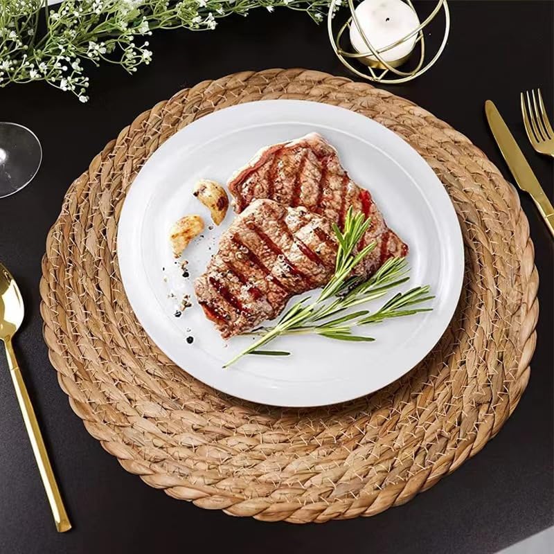 Handmade Heat Resistant 13" Round Woven Placemats Set of 8, Wicker Boho No Chemical Natural Water Hyacinth Place Mats