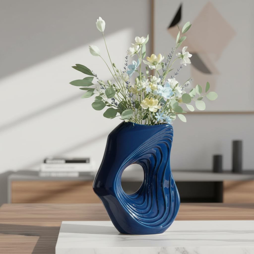 Ceramic Vase / Tall Modern Decorative Flower Vase / Blue / 11 Inch
