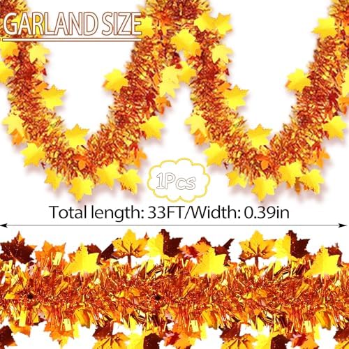 33Ft Thanksgiving Fall Tinsel Garland Shiny Hanging Gold Maple Leaf Metallic Twist Garland Autumn Decor for Fall Party Door Tree Garlands Decorations - (Gold)