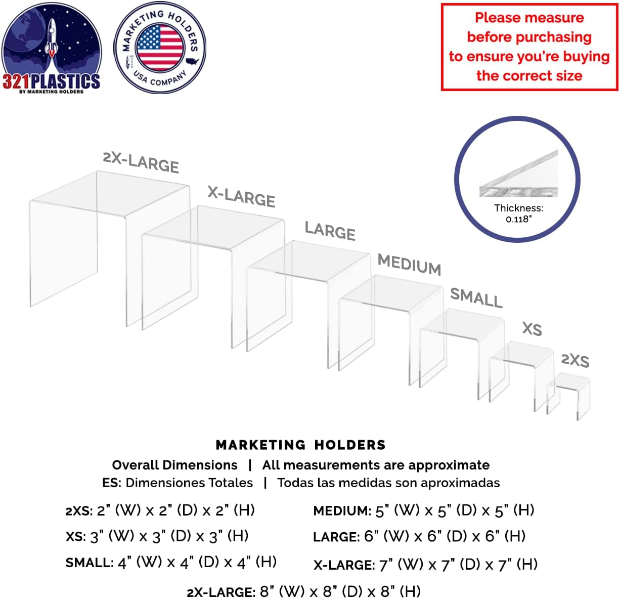 Marketing Holders Acrylic Riser Display Stands 2" Through 8" High 7 Pieces Clear Plastic Countertop Decorative Pedestal
