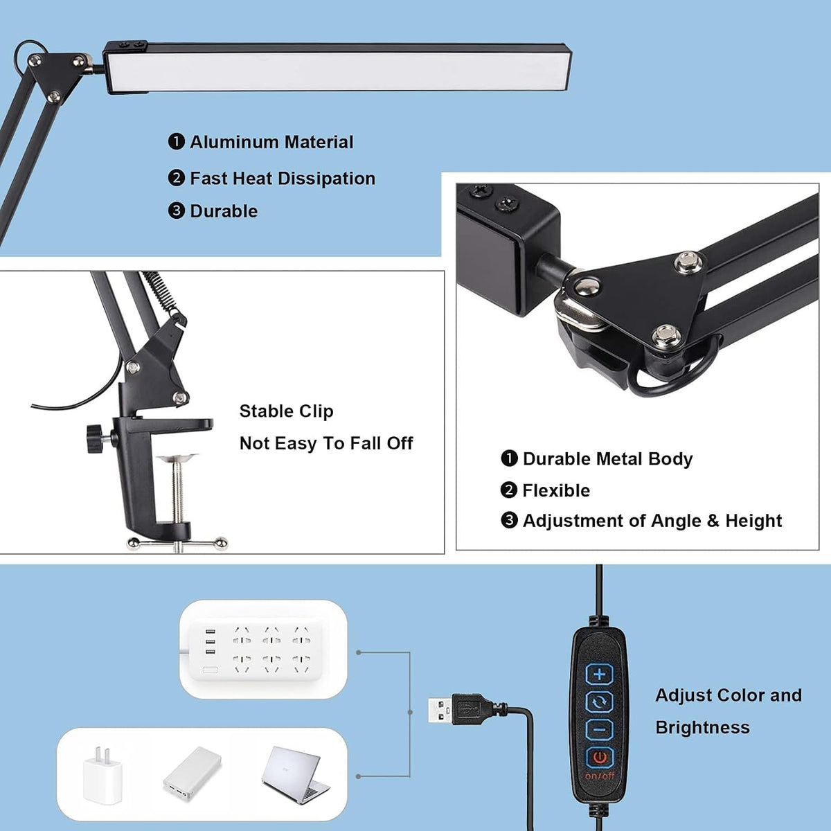 LED Desk Lamp for Home,Office,Reading,Adjustable Eye-Caring Desk Light with Clamp,Swing Arm Lamp Includes 3 Color