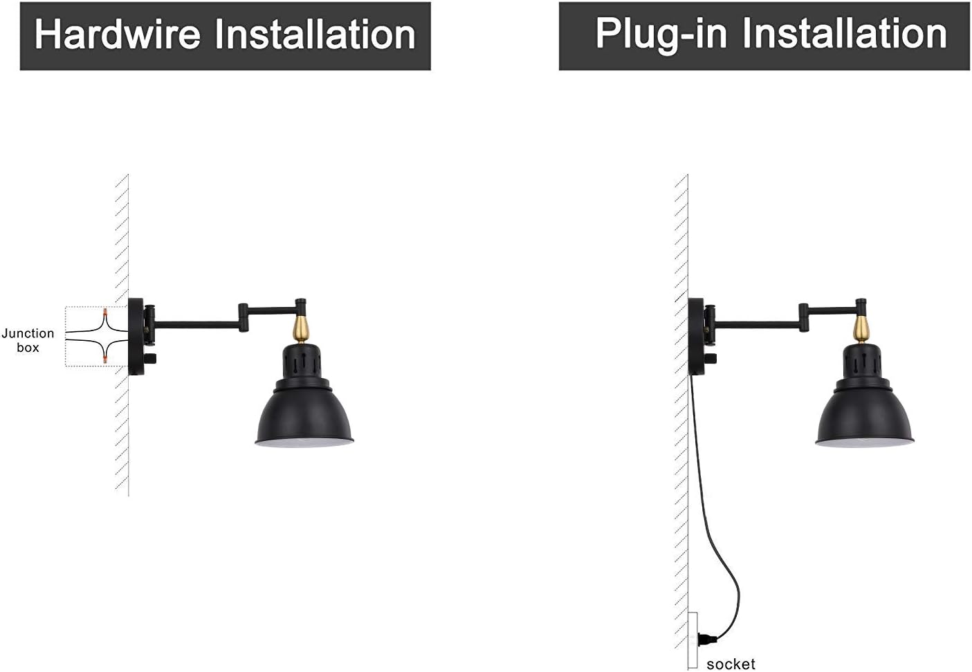 TRLIFE Dimmable Swing Arm Wall Lights with Plug in Cord Wall Mounted Light Industrial Wall Sconce , E26 Base, UL