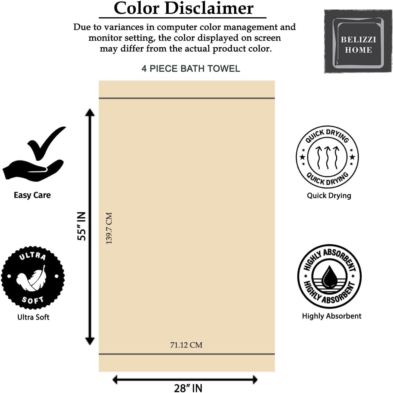 BELZZI Home Ultra Soft 4 Pack Oversized Bath Towel Set 27x54, Cotton Compact Bath Towels, Highly Absorbant Eco-Friendly