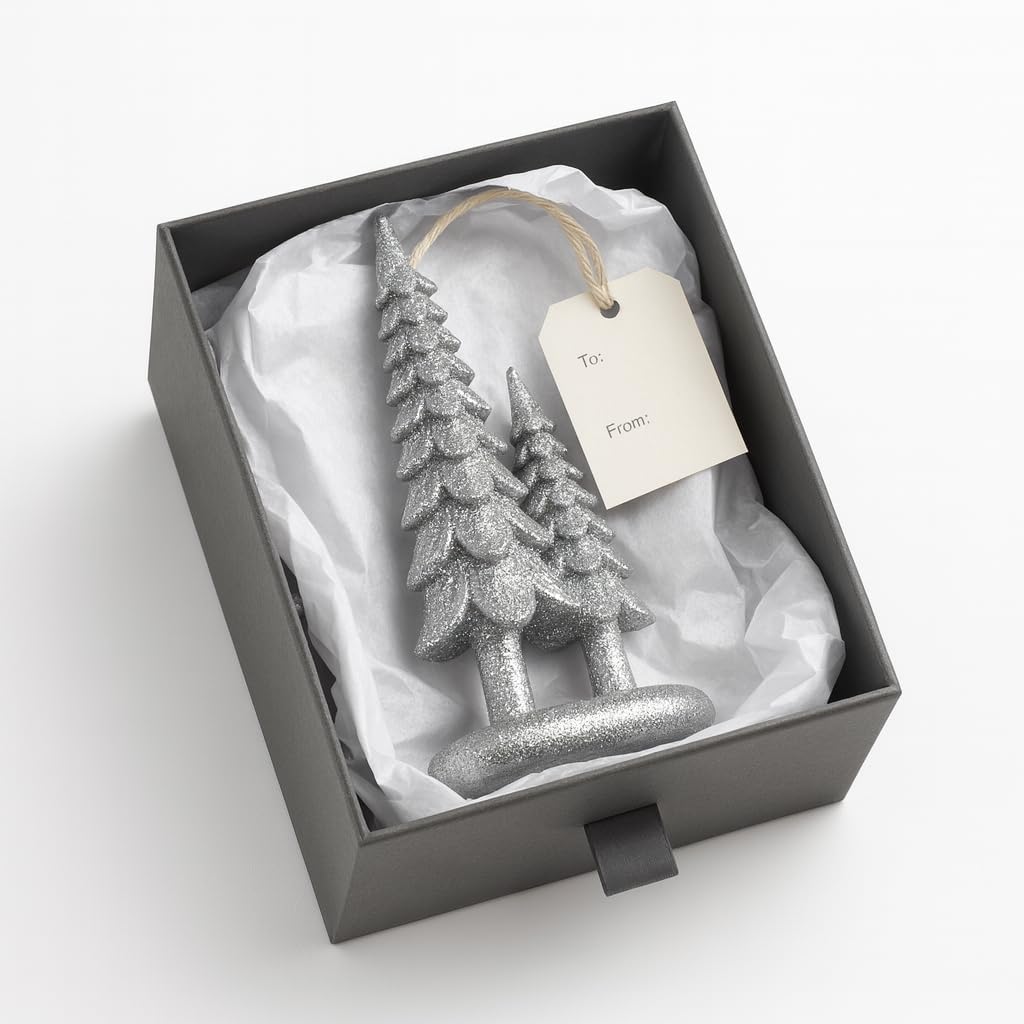 7" Resin Tabletop Figurine Double Glitter Trees on One Base Indoor Christmas Decoration / Silver