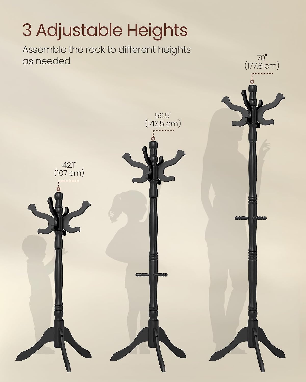 VASAGLE Freestanding Coat Rack, Rubber Wood Coat Tree with 11 Hooks | Hat Stand Garment Rack, 20.5 x 17.8 x 70.9 inch