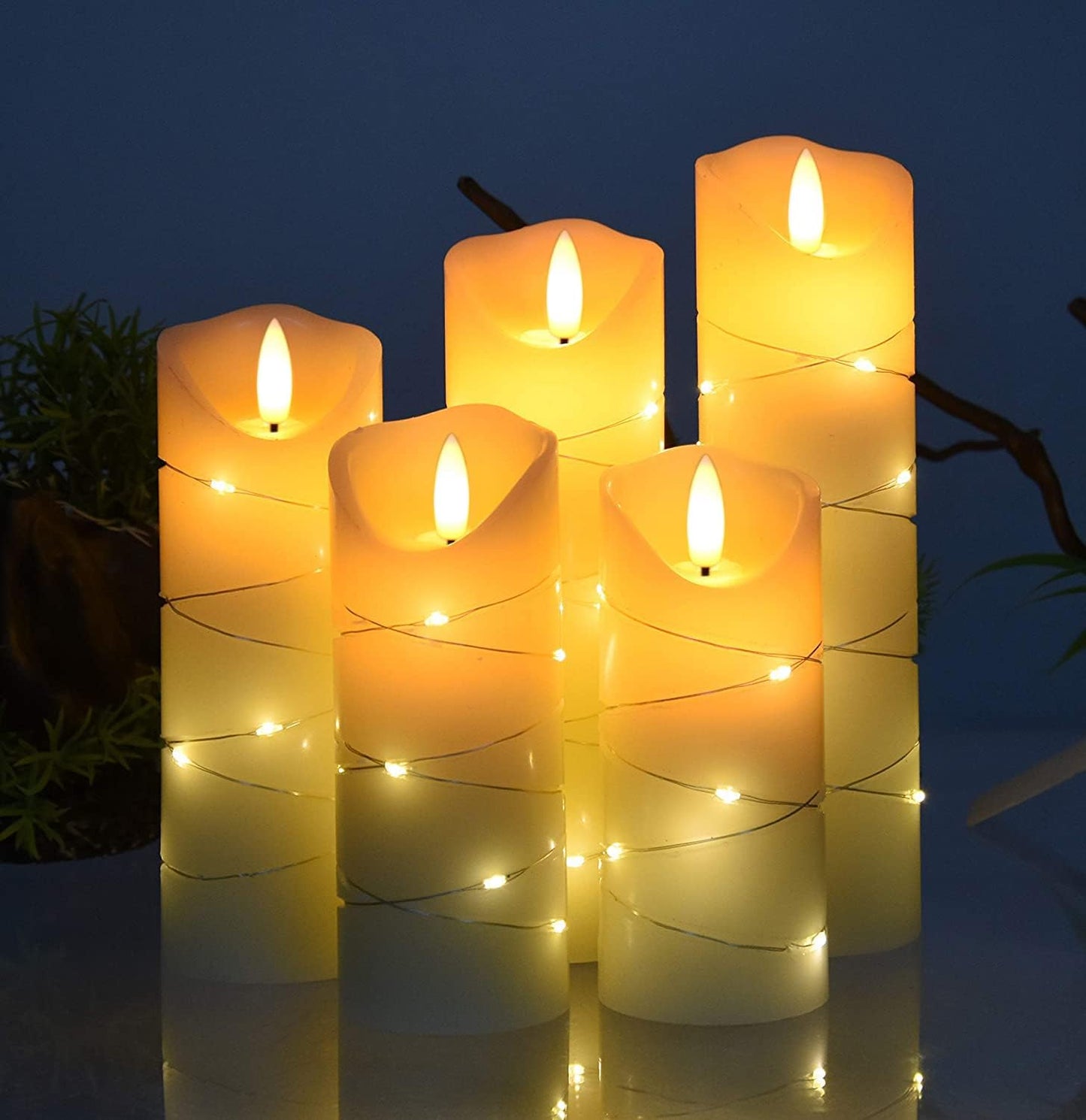 danip flameless Candle, with Embedded String Lights, 5-piece LED Candles, with 10-Key Remote Control, 24-Hour Timer