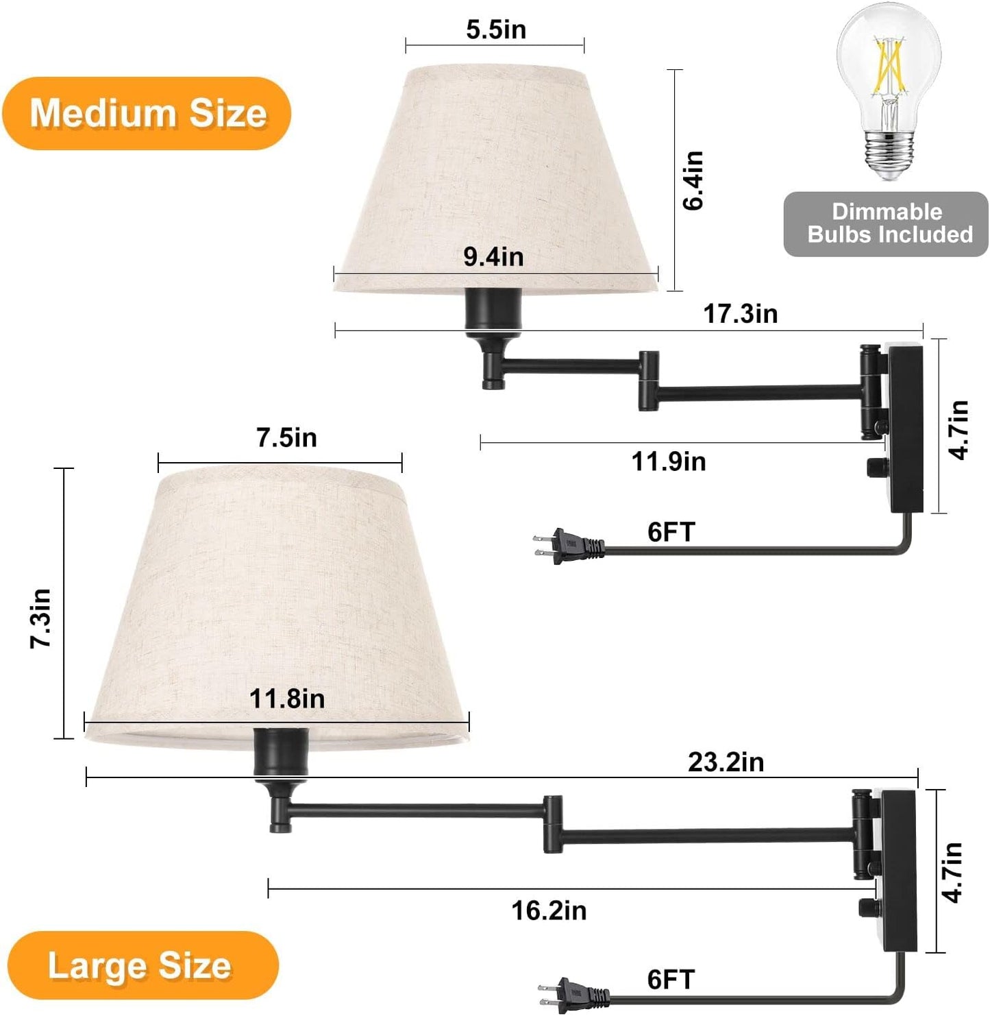 TRLIFE Dimmable Wall Sconce Plug in, Wall Sconces Set of Two Swing Arm Wall Lights with Plug in Cord and On/Off Dimmer