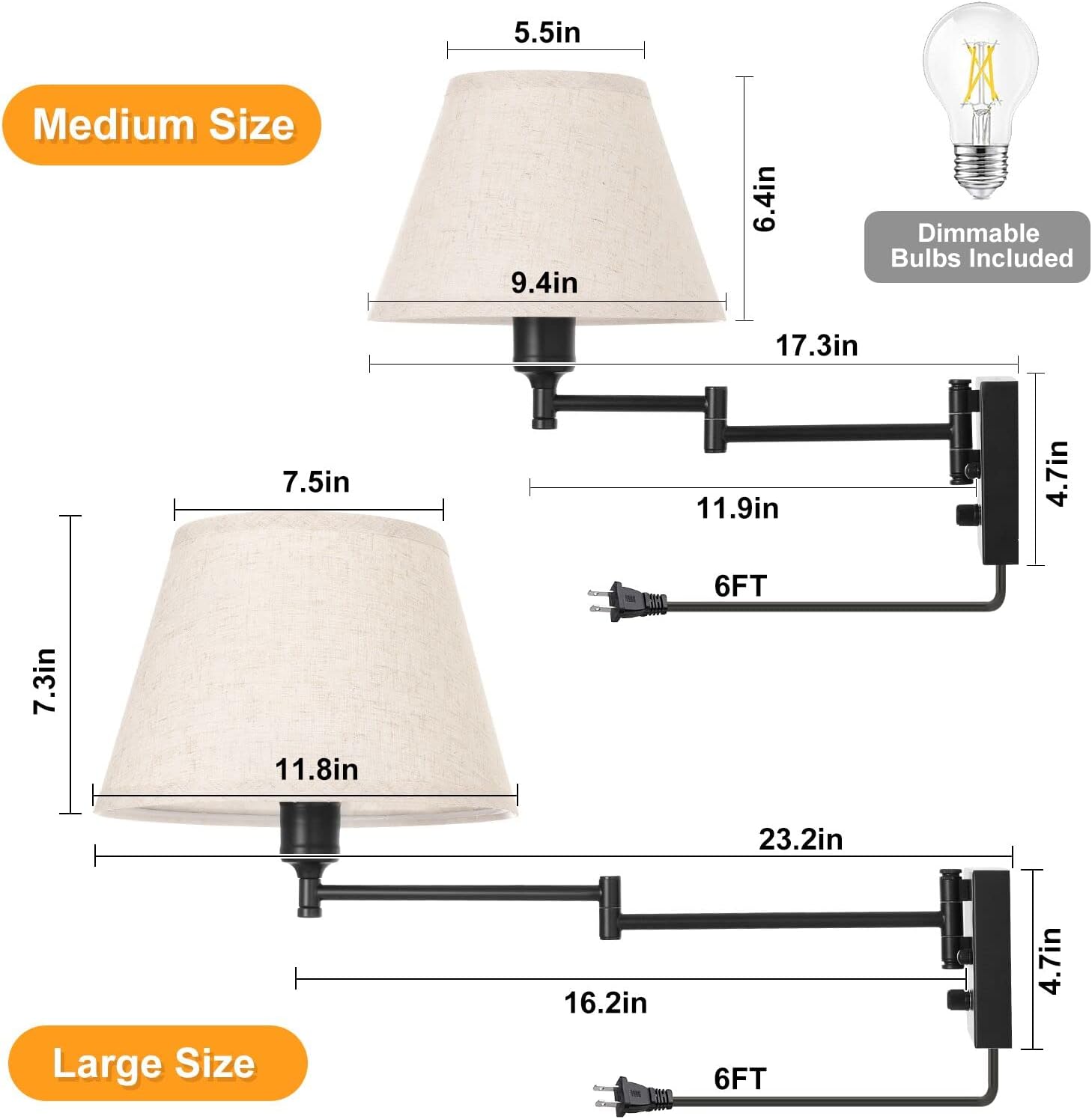 TRLIFE Dimmable Wall Sconce Plug in, Wall Sconces Set of Two Swing Arm Wall Lights with Plug in Cord and On/Off Dimmer