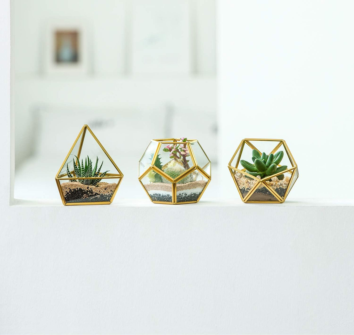 Miniature Potted Faux Plant Bookshelf Desk Boho / Gold,green,clear / Set of 3