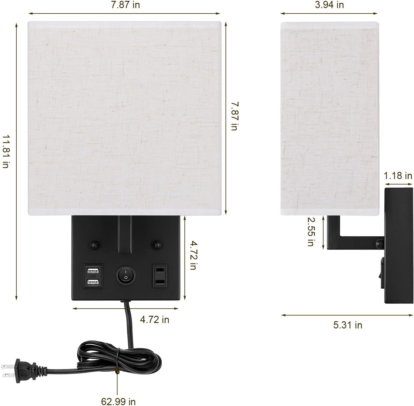 BTY Modern Wall Sconces Set of 2, Wall Lamps Bedroom Plug in with USB Charging Ports AC Socket Sconces Wall Lighting