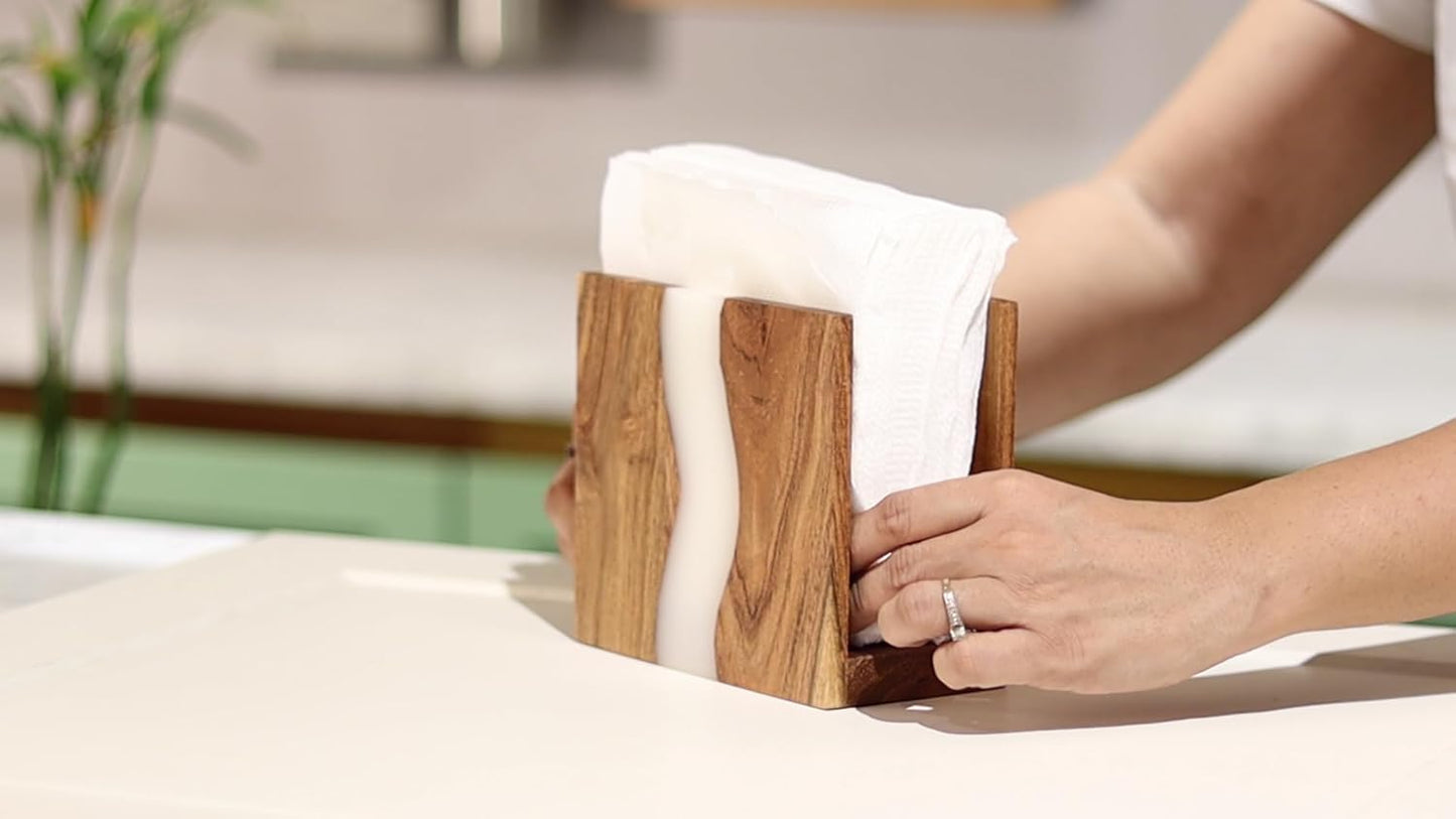 Acacia wood & Transparent Epoxy resin Napkin holder / Cloudy White