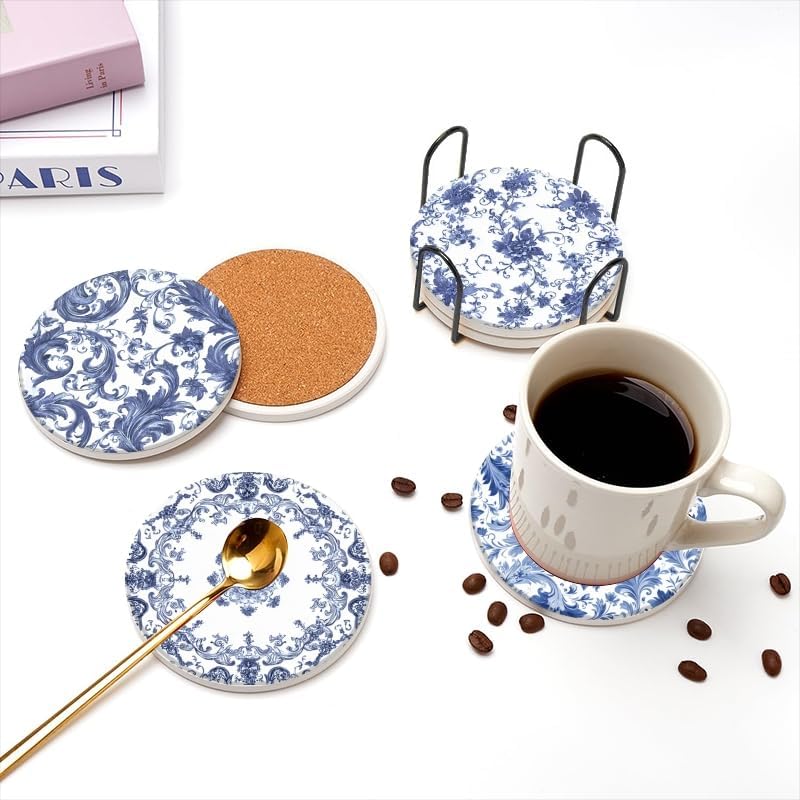 Holder / Bule and Coasters Cork Bases Ceramic Coasters / 4in/10cm / Color-2 / White / Set of 6