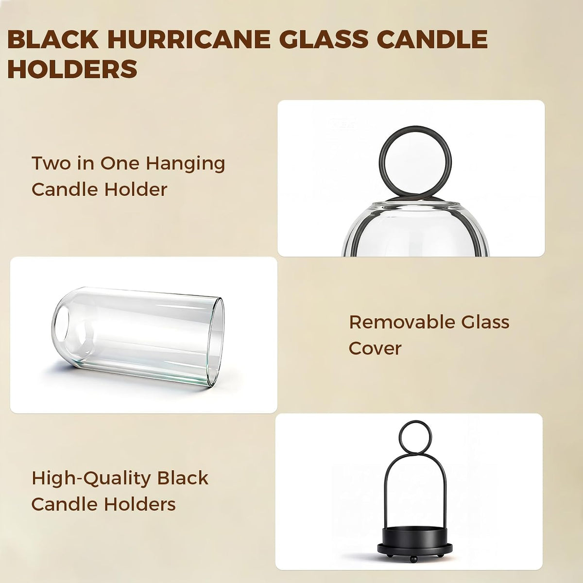 5"&4" Hurricane Glass Candle Holders, Hanging Black Metal Candle Holder | Glass Candlestick Holders for Pillar Candles