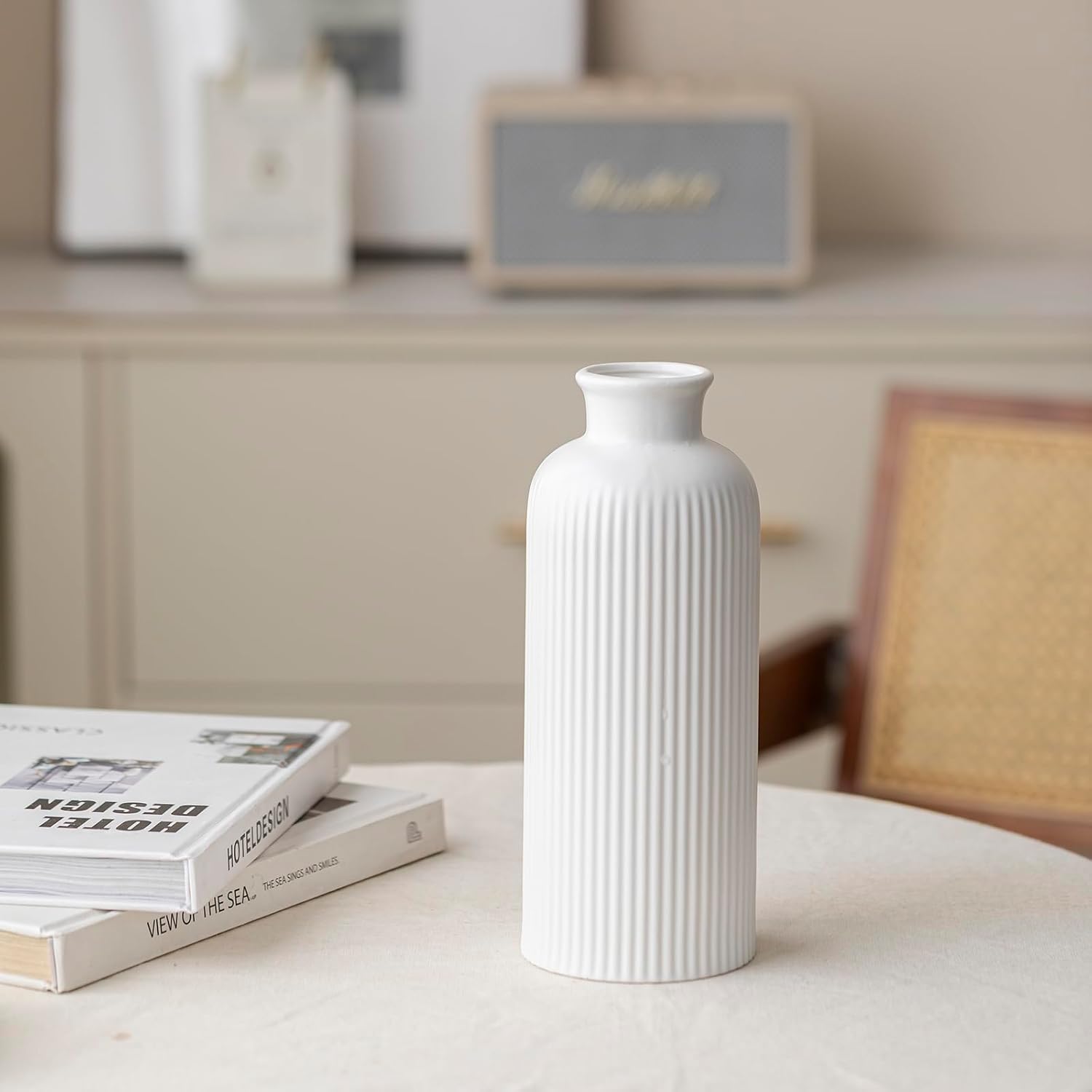 Modern Textured Decorative Vase / Matte Glaze White / 10 Inch
