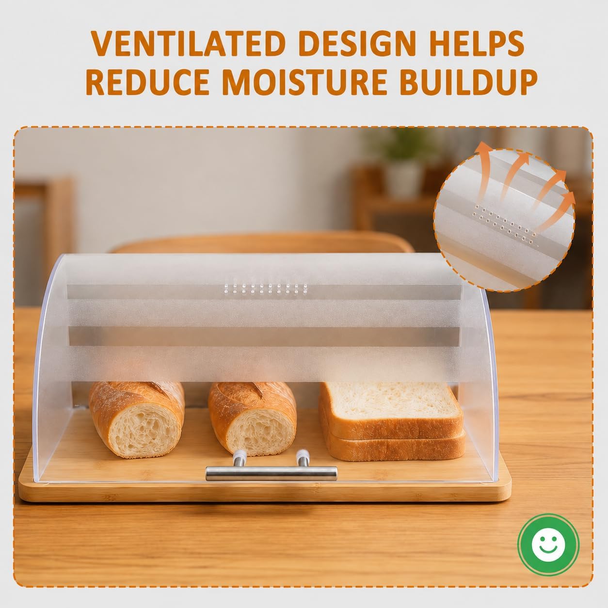 Bread Box for Kitchen Countertop, Modern Stainless Steel Roll-Top L | Clear Acrylic Viewing Door with Frosted Pattern