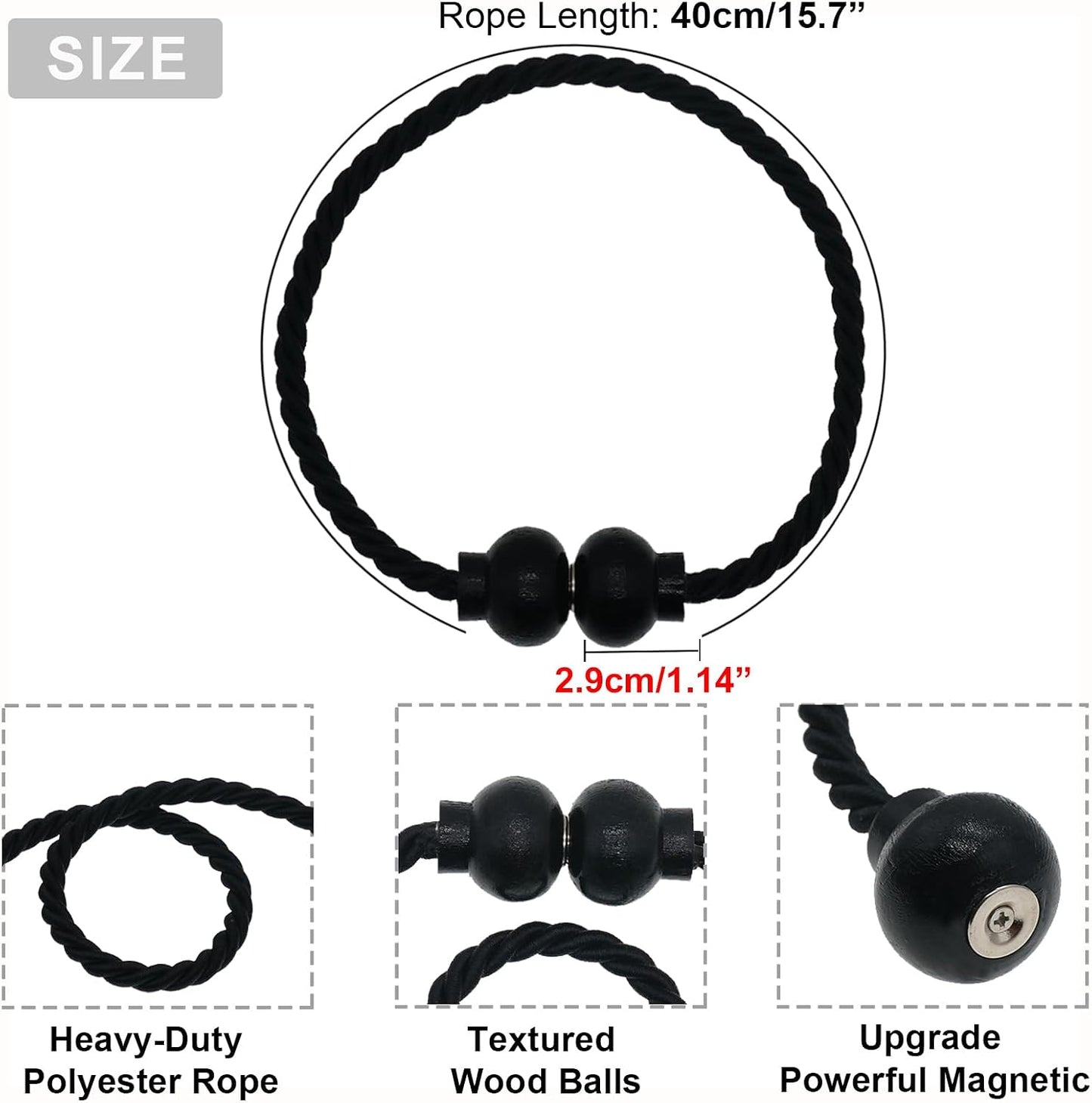 6Pcs Magnetic Curtain Tiebacks Modern Handmade Rope Curtain Tie Backs Black | Decorative Drapes Weave Holdbacks for