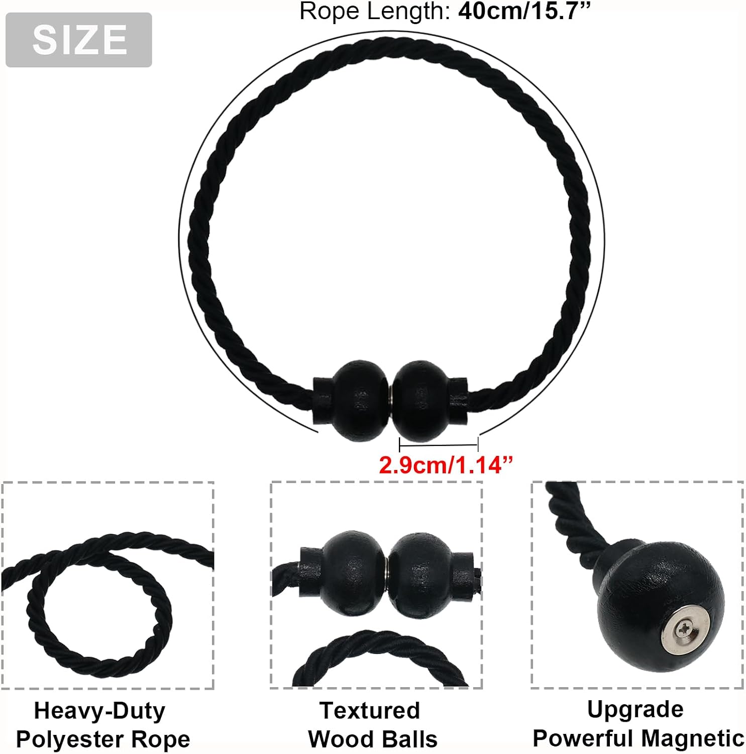 6Pcs Magnetic Curtain Tiebacks Modern Handmade Rope Curtain Tie Backs Black | Decorative Drapes Weave Holdbacks for